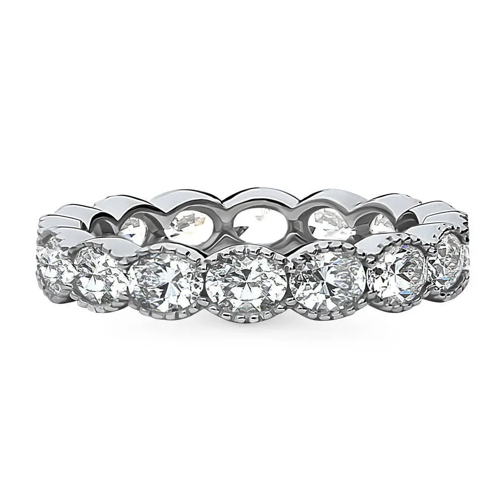 BERRICLE Sterling Silver East-West Milgrain Rings Stackable Eternity Band Ring for Women, Milgrain Bezel Set Oval Cut Cubic Zirconia CZ