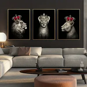3 pieces of canvas art wall decoration featuring coronation portraits of lions and lionesses, abstract animal printing posters, Abstract Art Prints, 2D printing frameless paintings for home, office, living room decoration, Modern Abstract Design