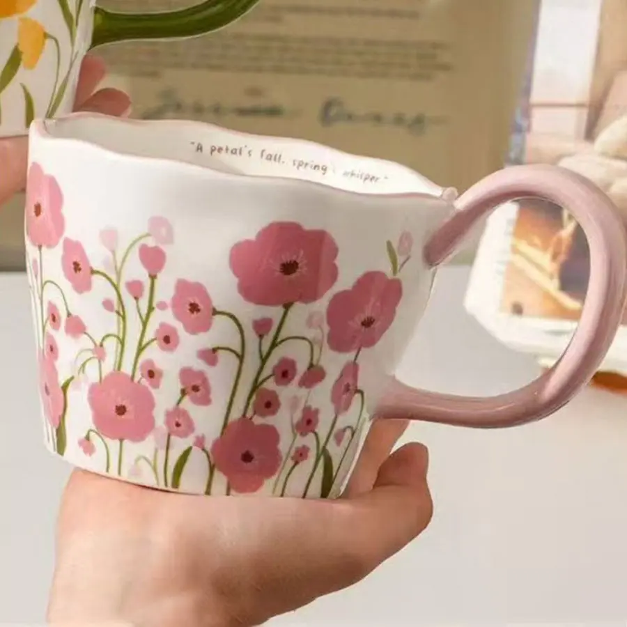 New Country Style Floral Handmade Ceramic Mug, High-Aesthetic Coffee Water Cup, Practical Friendship Gift Cup for Best Friends, Ceramic Drinkware