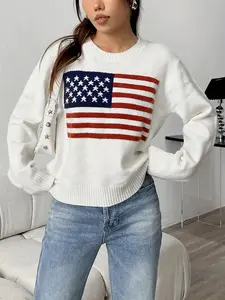 Women's American Flag Sheer Loose Cotton Knit Pullover - Long Sleeves, Round Neck, Casual Autumn Winter White Ethnic Everyday Fit Fabric Knitwear Garment