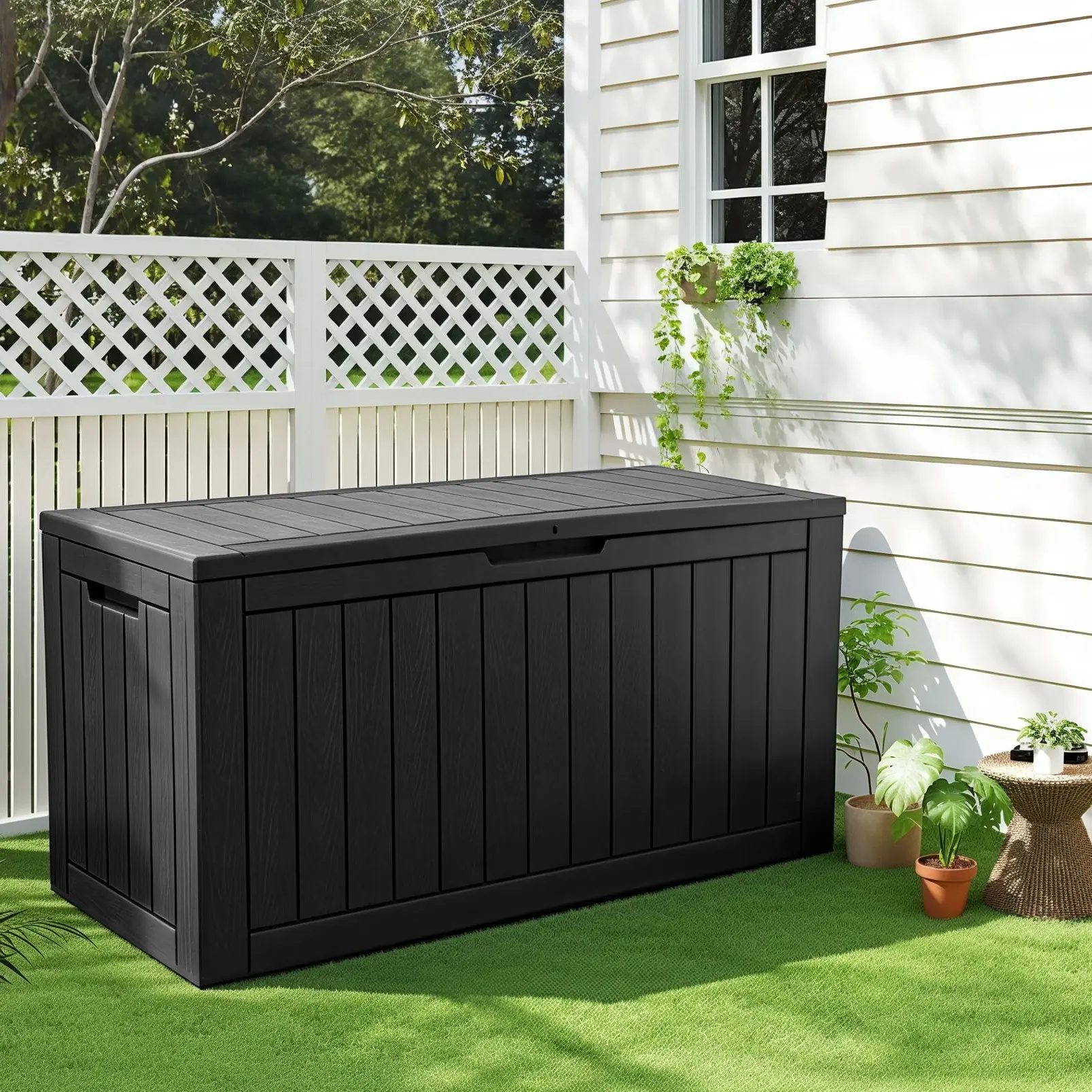 100 Gallon Outdoor Storage Bin, Waterproof, 100-Gallon Lockable Resin Patio Storage Bin, Ideal for Pool Accessories, Outdoor Furniture, and Gardening Tools, UV-Resistant, Outdoor Use, Black. Summervibes