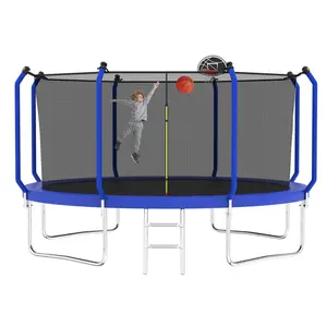 12FT Trampoline with Basketball Hoop, ASTM Approved Reinforced Type Outdoor Trampoline with Enclosure Net