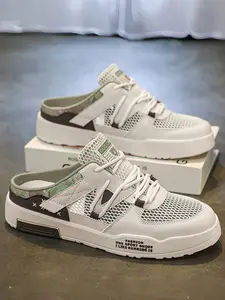 Plus Size Men's White-Gray Mesh Mule Sneakers, Mesh Shoes, Light & Breathable Style, Hollowed Mesh + Mule Slip-On Design + "FASHION" Slogan, Breathable, Plus Size Friendly, Ideal for Plus Size Men's Summer Leisure & Light Outings