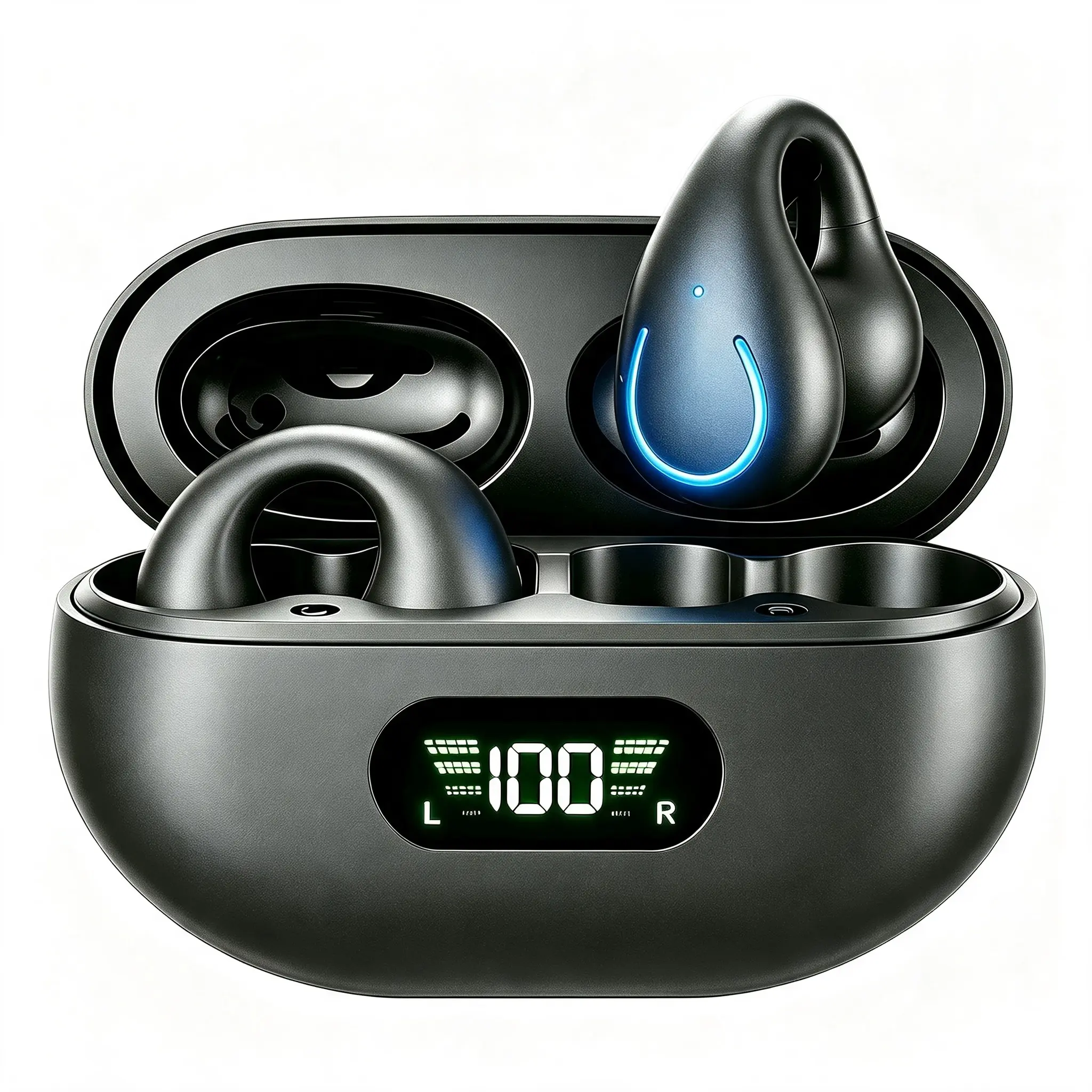 Wireless Clip-on Open-Ear Earbuds, portable earphone,Bluetooth 6.1, 0-Pressure Ultra-Light Design, Digital Power Display, HiFi Stereo Sound, Long-Wear Comfort, Ideal for Sports & Commute, Black