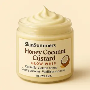 SkinSummers Honey Coconut Custard Glow Whip 4oz Vegan Hydrating Body Butter with Mango Shea & Coconut Oils for Soft Glow Moisture Organic Daily Glaze Glycerin Golden Moisturizer Oat Scent Vanilla Moisturizing