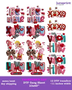 Valentine's Day DTF Gang Sheet 12 Ready To Press Transfers 23x60 Full Color Printing Same Next Day Shipping for Crafting