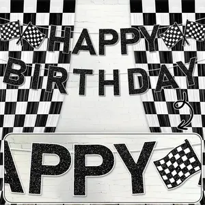 Race Car Happy Birthday Decorations, Glitter Banner with Glittering Effect and Checkered Flags, Checkerboard Tinsel Foil for Racing Theme Party Supplies, Wall Decor Banner