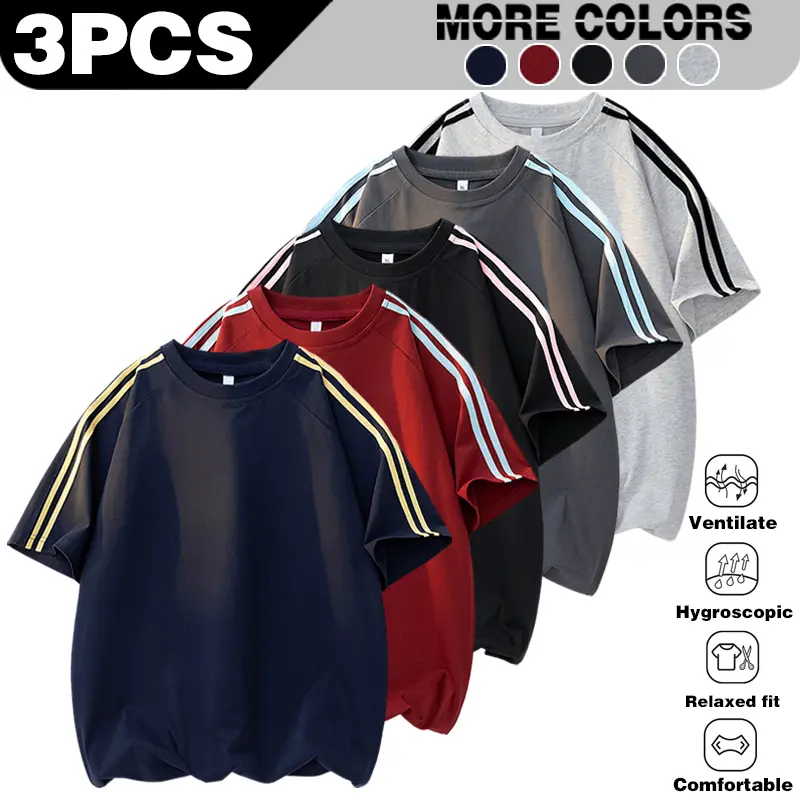 3 Pack Men 3 Stripes Raglan Short Sleeve T-Shirts, Crew Neck Relaxed Fit Breathable Tees For Gym Street Casual Daily Summer Wear Menswear Tops Streetwear Crewneck Tshirt t shirt Cotton Fabric