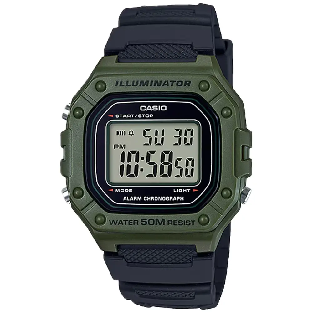 Casio Men's Water-Resistant Black and Green Digital Watch  - W-218H-3AVCF