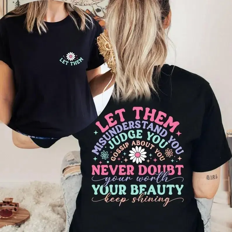 Men's Casual Streetwear Crew Neck Short-Sleeve Tee - Inspirational Quotes 'Let Them' Graphic, Self Worth Tee, Mental Health Awareness Apparel, Front and Back Printing (Mental Health Hoodie Companion)