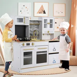 Wooden Pretend Kids Play Kitchen, Toodler Cooking Playset, Stove w/Light & Sound, Sink, Microwave, 2 Fabric Boxs, Dishwasher