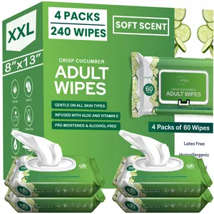 Wet Wipes For Adults Soft Cucumber Scent - 8"x13" Extra Large & Soft, Perfect for Daily Hygiene or Incontinence, Vitamin E & Aloe Infused for Women & Men 240ct (4 Packs of 60)