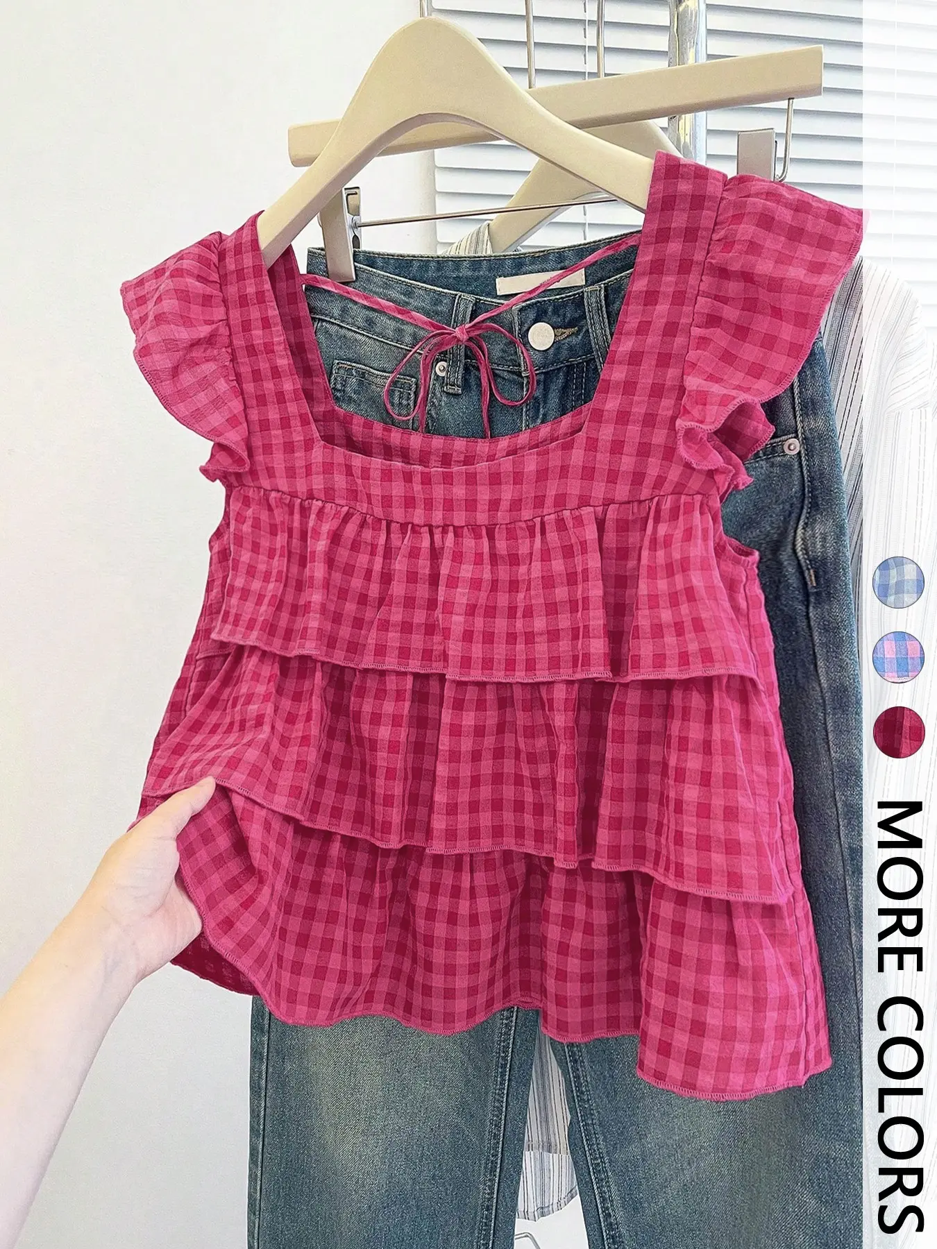 Women's Summer Casual Sleeveless Ruffle-Hem Square-Neck Tie-Back Adjustable Tank Top, Loose Fit, Plaid Pattern, Perfect for Vacation