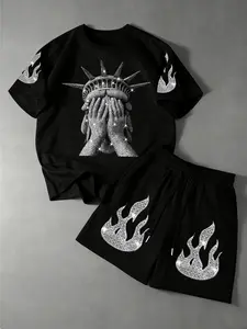 Men's Loose Two-Piece Set Graphic Sparkle Statue of Liberty & Flame, Street Style Tee and Shorts, Casual Summer, Comfortable Fit, Streetwear