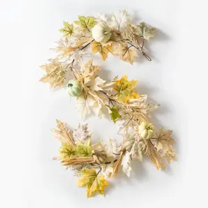 Neutral Autumn Leaf, Pumpkin & Gourd Corn Husk Fall Harvest Mantle Garland Table Runner