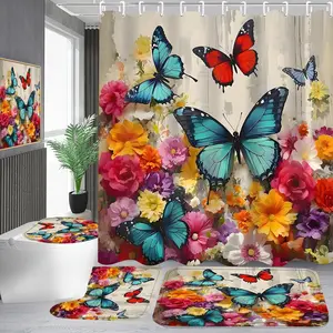 1/4pcs Shower Curtain Set for Bathroom and Toilet Butterfly Floral Bathroom Decor Sets with Flower Shower Curtain and Accessories Bath Mat,U Shape and Toilet Lid Cover Bathroom Set