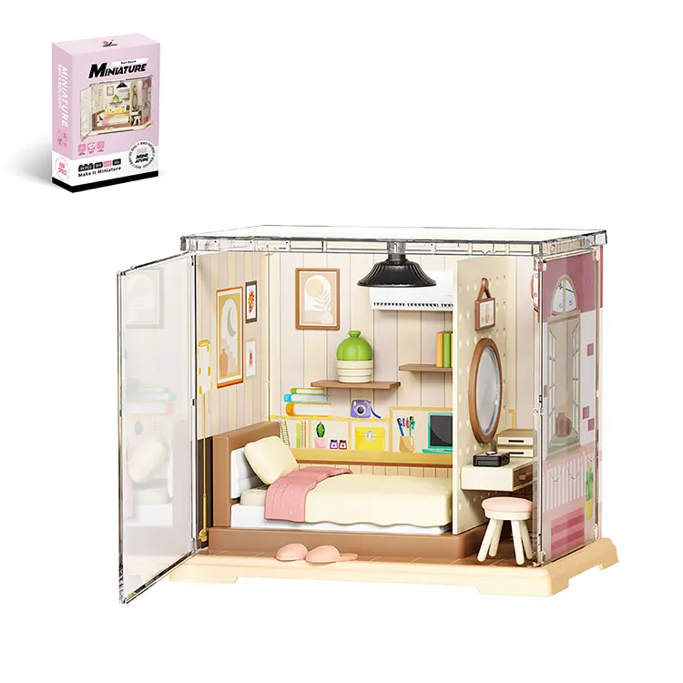 DIY Miniature Bedroom Dollhouse Kit with LED Lights, Detailed Miniature Furniture, Plastic Parts, Decor & Doll Set - Cozy Tiny Room Building Craft Hobby Gift for 6–8 Years Olds, Ideal Valentine’s Day Creative Home Decor Present