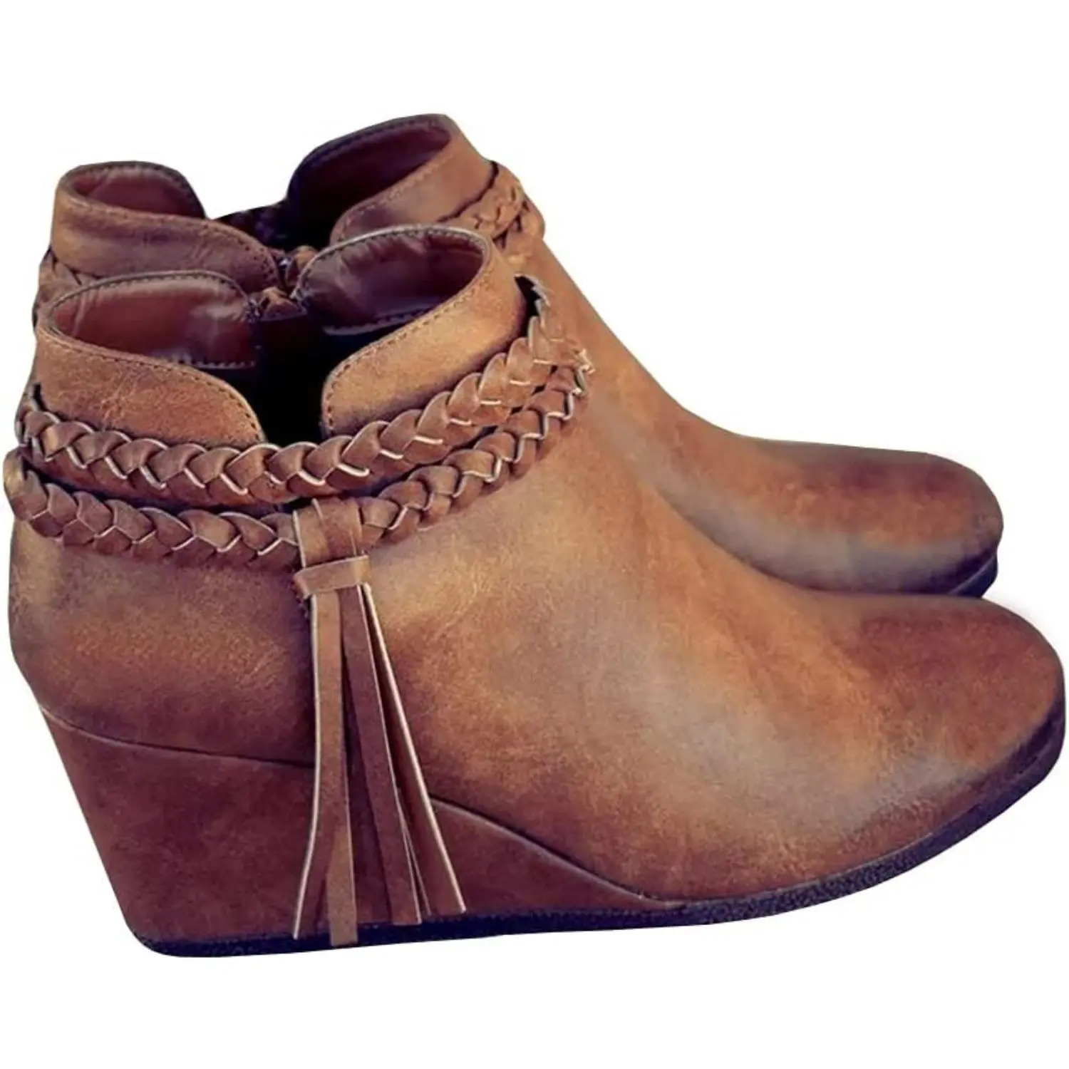 Coutgo Women's Western Wedge Ankle Boots Faux Suede Braided Fringe Strap 3 Inch Heel Fall Booties Dress Shoes Design tiktokshopbacktoschool