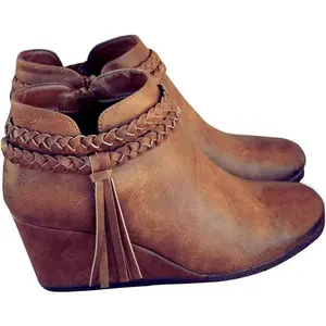 Coutgo Women's Western Wedge Ankle Boots Faux Suede Braided Fringe Strap 3 Inch Heel Fall Booties Dress Shoes Design