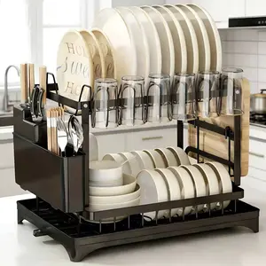 TiktokShopSpringGlowUp Bepatio Double-Layer Kitchen Countertop two tier Oversink Drain dish drainer Rack organizer , Metal Material, with Drain Board, Can Hold Tableware, Carbon Steel Material, Kitchen Storage Rack est ante de cocina Divider And Rack Uten