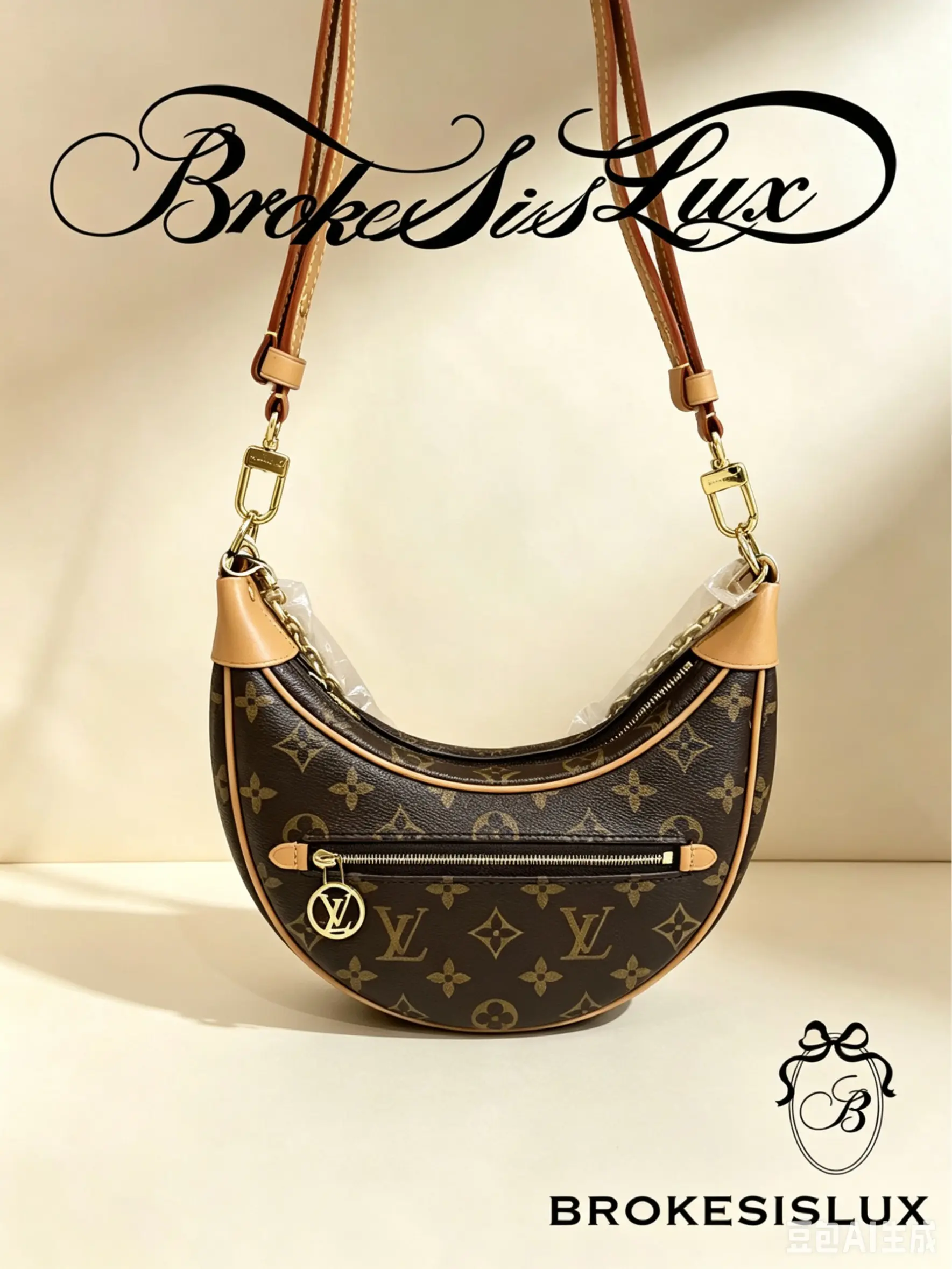 Pre-owned Louis Vuitton LV Loop Classic Monogram Crescent Shoulder Bag | Vachetta Leather Trim, Dual Strap Design
