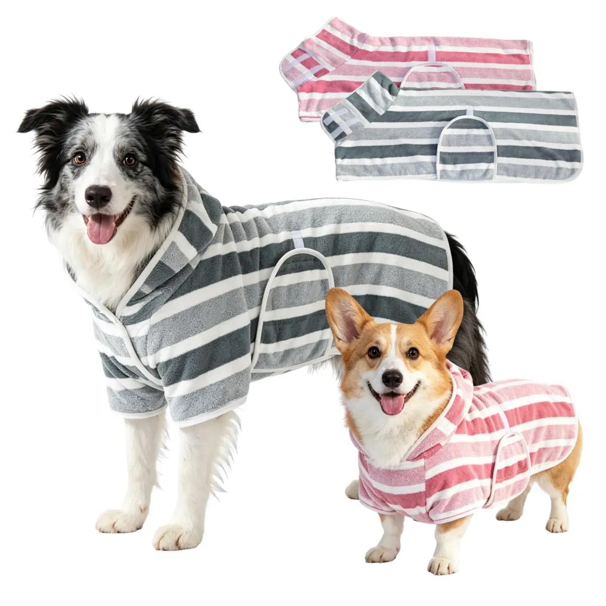 Quick Dry Dog Bathrobe, bathing grooming Striped Dog Towel Robe, All-Season for Large Dogs, Hooded Breathable, Machine Washable Cozy Pet Wear for Dogs & Cats, Secure Fit for Home & Travel