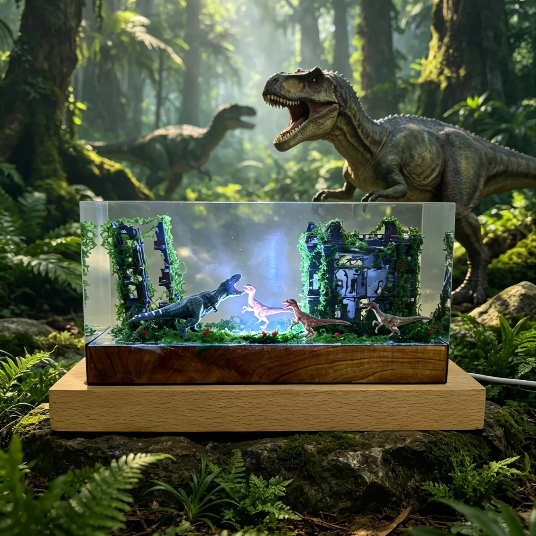 Handmade Resin & Wood Dinosaur Decorative Atmosphere Lamp - T-Rex/Velociraptor 3D Miniature Scene, Colorful Lights LED Table Lamp, Gift Ideas for Dinosaur Lovers, Game Room/Home Decor