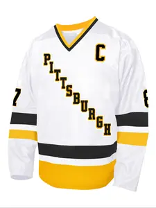 Men's Ice Hockey Jersey 87 WHITE Embroidered Casual Training Tee, Sporty V Neck Long Sleeve Loose Fit, All Seasons Kint Fabric