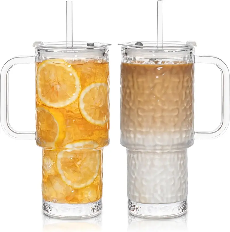 2-Pack 26oz Reusable Washable Glass Tumblers with Handle, Straw, Leak-Resistant Lid - Portable Mug for Iced Coffee, Water - Home Kitchen Travel Use (mug-gls-glacial-26oz-2pc), Textured, Hammered