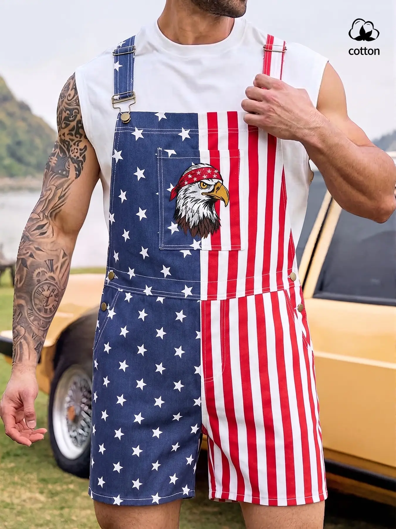 Men's Stars and Stripes American Flag Denim Overalls Streetwear Jumpsuit Shorts, Casual Adjustable Coveralls, Adjustable Shoulder Straps, Loose Straight Fit Casual Summer Wear