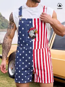 Men's Star Striped American Flag Denim Jumpsuit, Adjustable Shoulder Straps, Loose Straight Fit, Casual Summer, Overalls