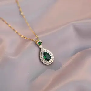 Green Crystal Necklace with Teardrop Pendant and Diamond Accents for Women's Fashion Jewelry
