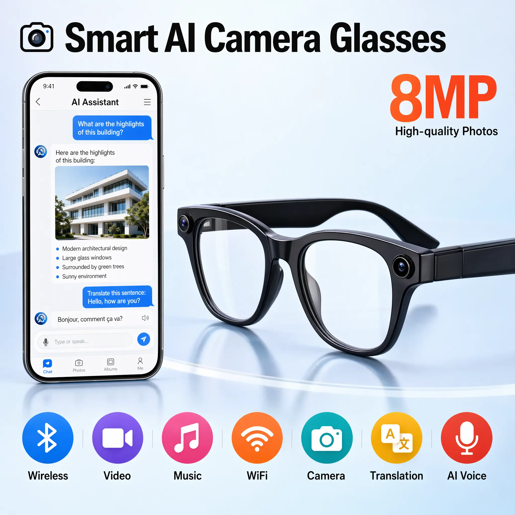 AI-Powered Smart Camera Glasses with 8MP Pro Camera, 1080P Video Recording, Real-Time Object Recognition & Translation, Bluetooth Voice Control, EIS Anti-Shake, Hands-Free for Vloggers & Travelers