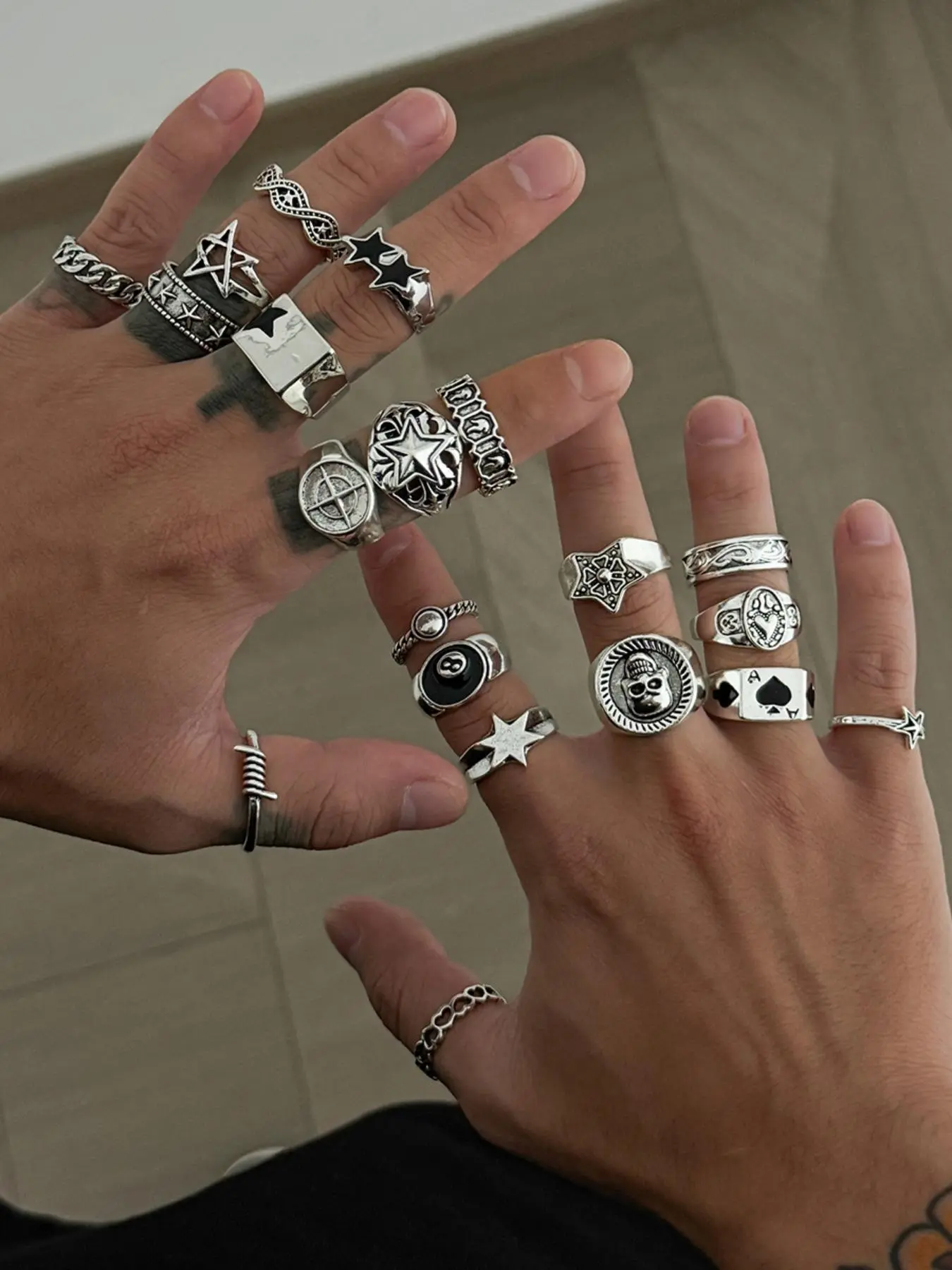 20 Pcs Vintage Silver Color Ring Set, Punk Style Stackable Rings, Stacking Rings, All Seasons Wear, Zinc Alloy Material, No Ca Prop 65 Compliance