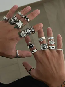 20 Pcs Vintage Silver Color Ring Set, Punk Style Stackable Rings, Stacking Rings, All Seasons Wear, Zinc Alloy Material, No Ca Prop 65 Compliance