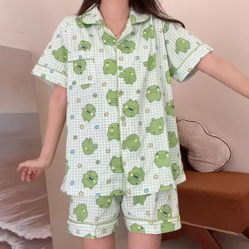 Women'S Pajamas Set Mameiji summer Blue Plaid Cute Tamagot Chi Cartoon Short Sleeve Shorts Summer Thin Soft Loungewear