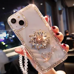 Rhinestone Sunflower Floral Chain Case for iPhone14/15/16 Series | Full Diamond Frame + 3D Crystal Flower + "Love" Diamond Decor + Crystal Chain | Shockproof Scratch-Resistant | Date Outing Luxury Sparkling Sweet Style