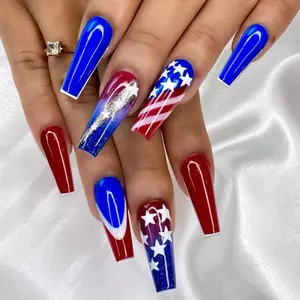 24pcs Press-On Nails Set, Blue Star Flag Design, Long Ballet Glitter Gradient Fake Nails, Includes Jelly Gel & File, Glitter Decorative Nails, Glittering Fake Nails