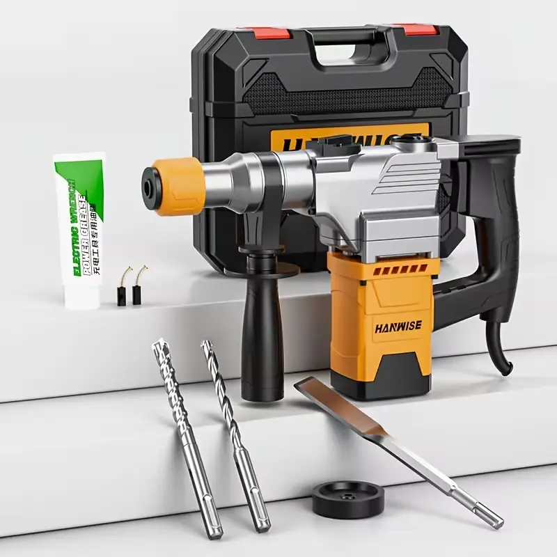 HANWISE 1-1/4"SDS Plus HeavyDuty Demolition/Rotary Hammer Drill, 2-Function(Hammer Drill&Chisel) Electric Rotary Hammer, With Concrete Chisel&Hardened Steel Drill Bit, Rubber-Cushioned Grip, 360° Rotatable Handle, For Concrete, Tile