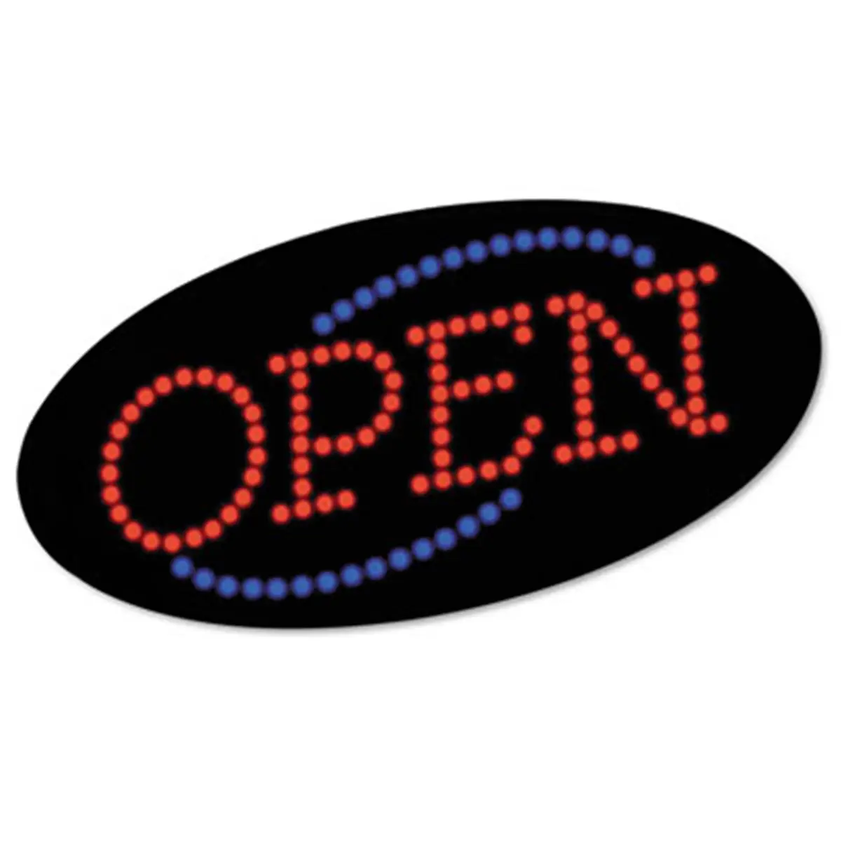 COSCO High Intensity LED "OPEN" Signage - 10.5x20.125in Red & Blue Graphics, Motion Alert, Economical Long-Lasting LED Bulbs, Includes Mounting Chain, Home Decor Plaque Open Signal Decoration