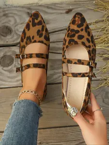 Women's Leopard Print Mary Jane Shoes, French Style Slip-On Thick Heel Square Toe Fashionable Flats, Casual Comfortable Daily Wear Size 43