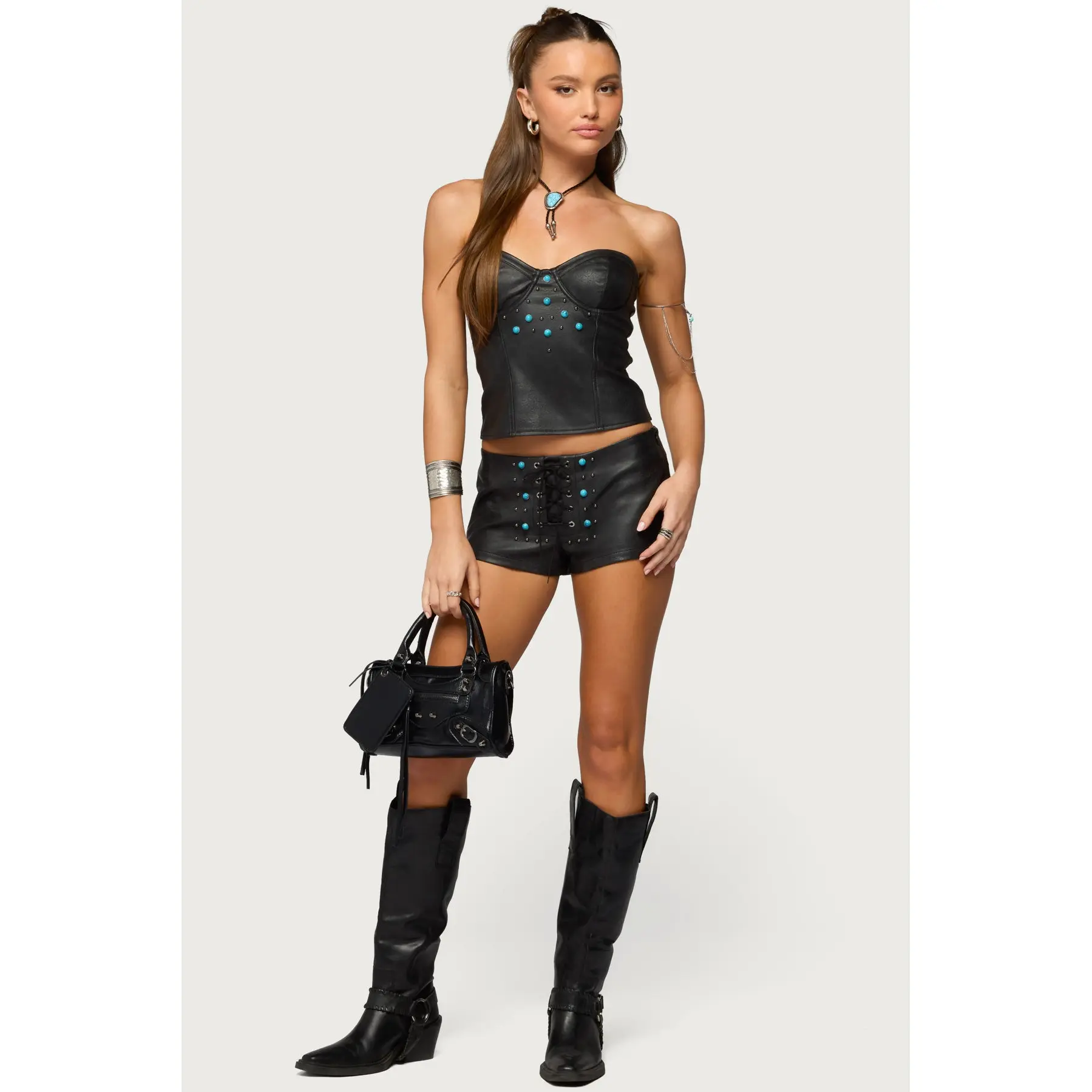 Jessica Lace Up Faux Leather Micro Shorts