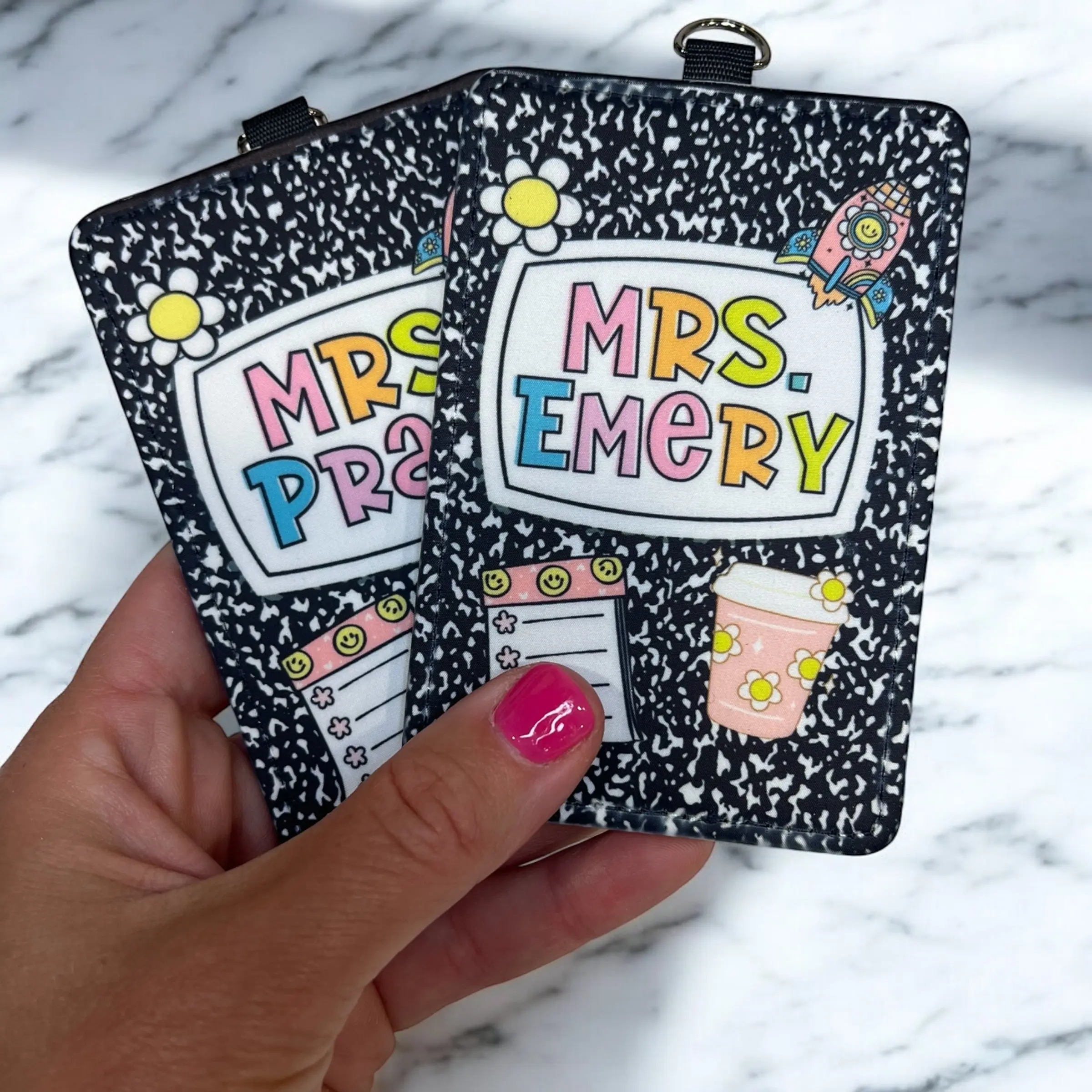Personalized Teacher ID Badge Holder – Composition Notebook Design with Lanyard