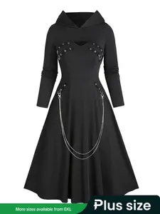 【Plus Size】 Hooded Top & Chain Decor Dress Set, Long Sleeve Hooded Top & Dress, Women's Clothing for Daily Wear