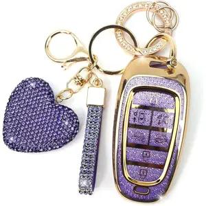 Key Fob Cover with Diamond Keychain Fit for Hyundai Car Key Holder Case Compatible with Hyundai 2024 2023 2022 Sonata Santa Fe Nexo Tucson Palisade Key Protector, 7 Buttons (Purple-Heart)