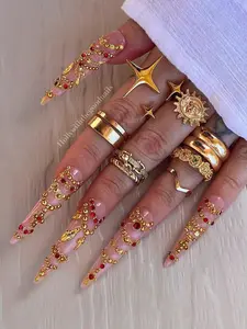 Bowtienailbox | Red Gem Press on Nails Stiletto | Gold Chain Jeweled Maximalist False Nails | Luxury Holiday Winter