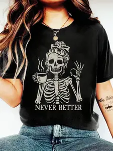 Coffee Skull Girl Letter Slogan Round Neck Short Sleeve Fashionable Plus Size Women T-Shirt