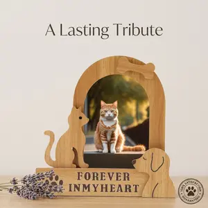 Cherished Memories Pet Photo Frame | Natural Wood Cat & Dog Picture Frame | Keepsake Sympathy Gift & Desk Decor
