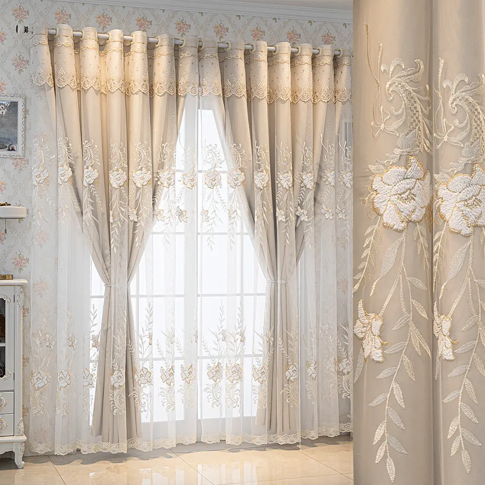 Light Luxury 3D Floral Embroidered Polyester Double Layer Blackout UV Living Room Curtains with Sheer Grommet Top, Elegant Lace Drapes, Beige Romantic Window Treatments for Bedroom Home Decor (Curtain Sheer Wall Hangings)