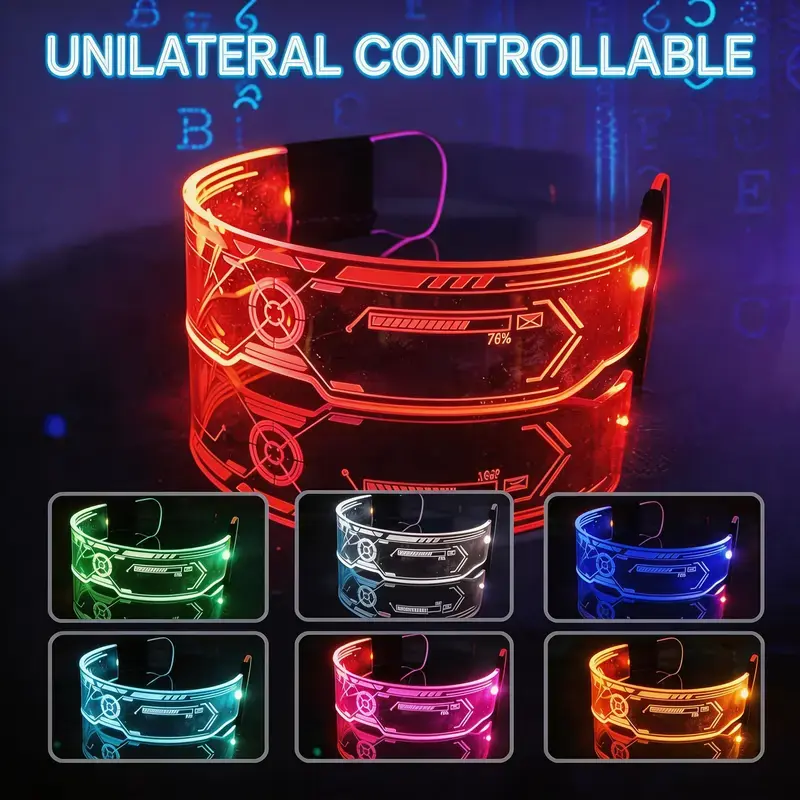 7-color double-sided controllable LED luminous glasses, cool luminous goggles, fashionable and futuristic luminous glasses suitable for electronic music, Halloween, music festivals, and sci-fi cosplay sporty sunglass